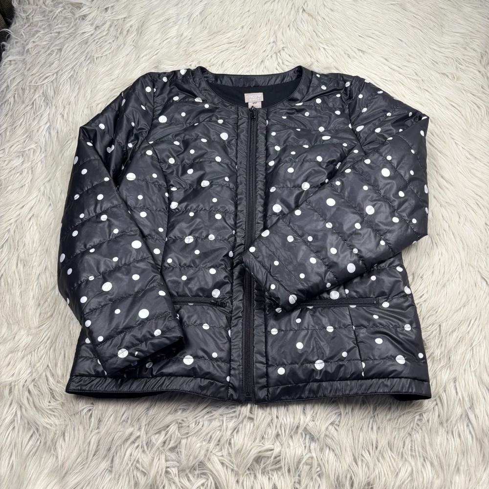 Chico's Women's M (1) Black White Polka Dot Collarless Puffer Jacket Dopamine